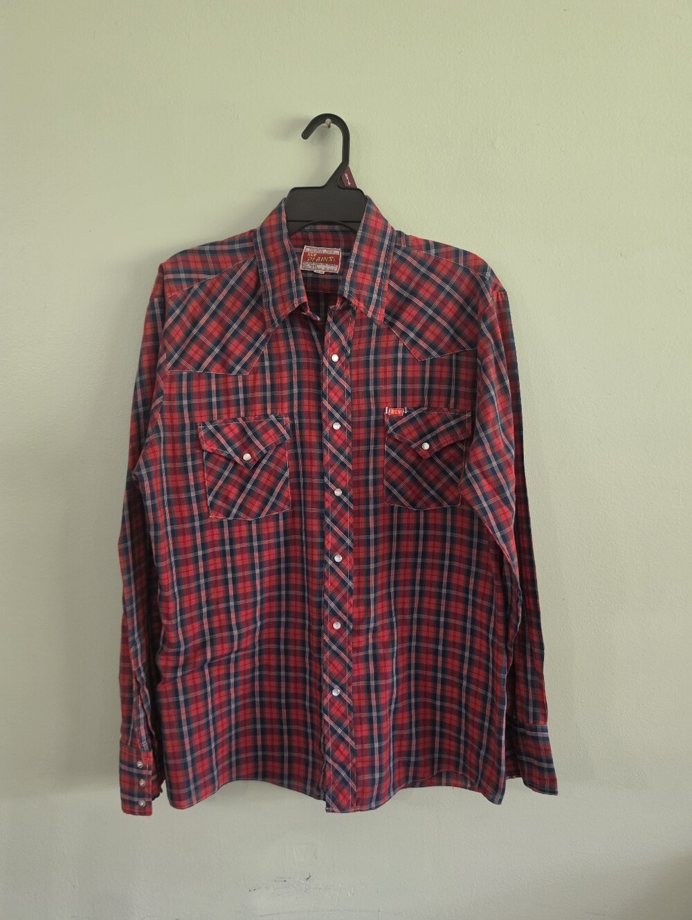Vintage Ely Plains Mens Plaid Pearl Snap Western Shirt Red Blue Size 16.5 L 🤠✨